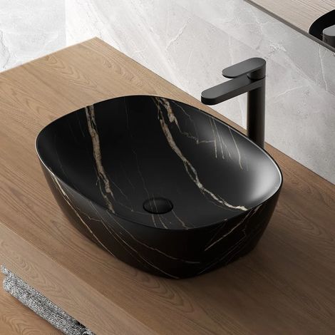 Lavandino da appoggio ovale 50x38 cm effetto marmo nero Tokyo (1/5)