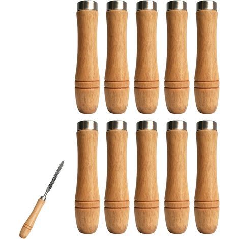 10 Pièces Poignée de Fichier en Bois avec Colliers en Métal, Manche en Bois Ergonomique, Poignée de Dossier Durable pour Travaux de Bricolage et Réparation (10.5cm) (1/5)