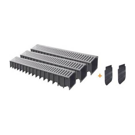 KIT 3 PIÈCES CANAL EN PP AVEC GRILLE EN ACIER GALVANISÉ IKARODRAIN Dimensions : 100x100 - 1000 mm