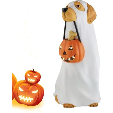 Halloween Ghost Dog Figur, Light Up Pumpkin Holding Decoration for Spooky, Resin Craft Design, mit LED Feature, Ghost Statue For Shelves, Büro der Haustür, Porch Lank Home by