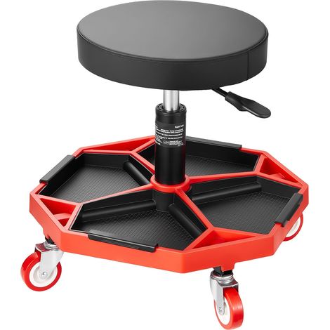 Tabouret d'atelier roulant, capacité 300 lbs, hauteur réglable 16,5-21,7", avec plateau à outils, pour garage et réparation auto, rouge et noir. (1/5)