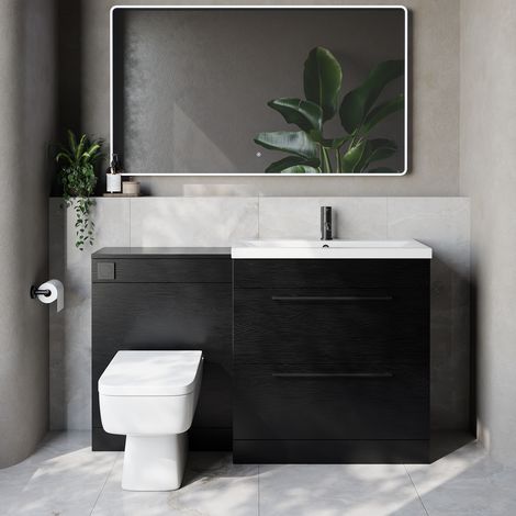 Napoli 390 Cento Nero Oak 1400mm 2 Drawer Vanity Unit Toilet Suite with Glide Basin - 1400mm - Matt Black 480mm HandleWith Kingston Toilet Pan and Seat