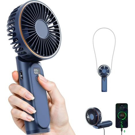 Ventilatore portatile, mini ventilatore pieghevole a 180°, 6 velocità, display LCD, ultra silenzioso, 4000 mAh, formato tascabile, per uso interno/esterno, con cordino. (1/5)