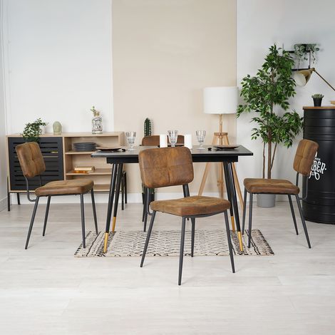 MEUBLES COSY WHALEN N KAROMI Ensemble de table à manger extensible à allonge avec 4 chaises style industriel, table rectangulaire en MDF noir et chaise en marron tissu (1/5)