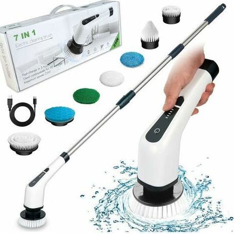 Spazzola elettrica per la pulizia senza fili, spazzola per la pulizia senza fili con 7 testine sostituibili, mocio elettrico con manico regolabile per bagno, cucina, auto (bianco, DEBUNS) (1/5)