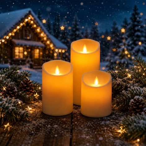 Randaco Candele LED, set di 3 candele decorative senza fiamma con telecomando a 10 tasti, effetto fiamma LED tremolante, bianco (1/5)