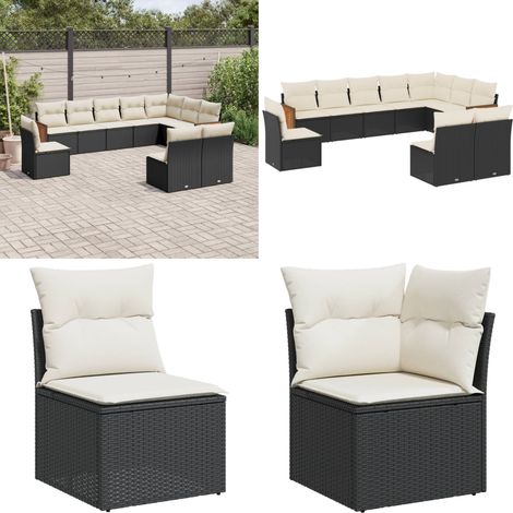10-tlg. Garten-Sofagarnitur mit Kissen Schwarz Poly Rattan - Gartensortiment - Gartenmöbelset - Rattan Möbel - Polyethylen Furniture - Lounge Set - Home & Living (1/5)