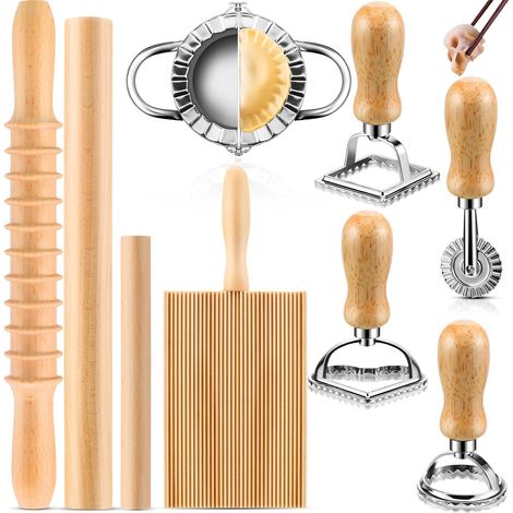 Ensemble de 9 ustensiles pour gnocchis : planche à gnocchis, coupe-pâtes, emporte-pièce à raviolis, vis en bois, rouleau à pâte, appareil à nouilles et à dumplings, pour une utilisation en cuisine mai (1/4)