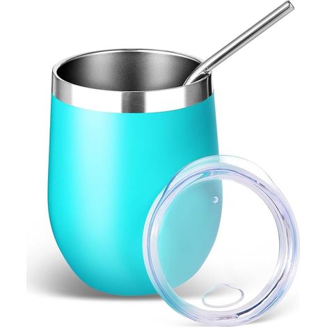 Verre à vin en acier inoxydable de 355 ml avec couvercle et paille, verres à vin sans pied isothermes à double paroi, tasse de café réutilisable de voyage pour boissons froides, petits verres (1/5)
