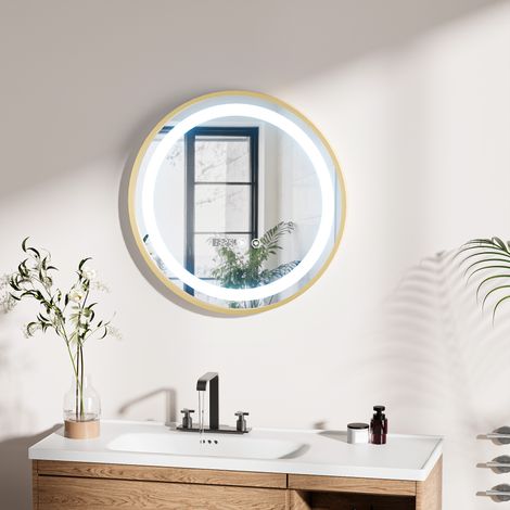 MIROIR DE SALLE DE BAIN AVEC FONCTION D'AFFICHAGE DE L'HEURE MIROIR MURAL DE COURTOISIE 50X50CM LUMIÈRE TRICOLORE RÉGLABLE (1/5)
