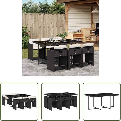Gartenstuhl - 7-tlg. Garten-Essgruppe mit Kissen Schwarz Poly Rattan (1/5)