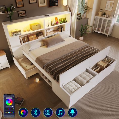 Lit bois 40x200 cm blanc avec rangement, LED et ports USB, Lit double avec tiroirs, banquette, étagères et sommier, pour enfant/ado, sans matelas