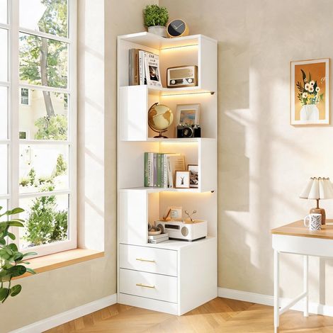 Étagère d'angle blanche 165 cm avec LED et tiroirs coloris blanc (1/5)