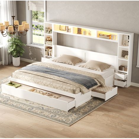 MODFU – Cama de matrimonio 180x200 cm de MDF/contrachapado con LED 7 colores, 7 cajones, cabecero biblioteca y carga 200 kg – Blanco (1/5)