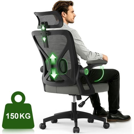 Chaise de bureau ergonomique, dossier, accoudoirs et appui-tête réglables, soutien dorsal renforcé, charge maximale de 150 kg, inclinaison à 120°, gris foncé (1/4)