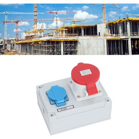 Europäische Wandsteckdose (CEE 16A 250V) und 5-polige Steckdose (CEE 32A) mit Hauptschalter und Stromverteiler, wetterfeste Außensteckdose (IP44). (1/5)