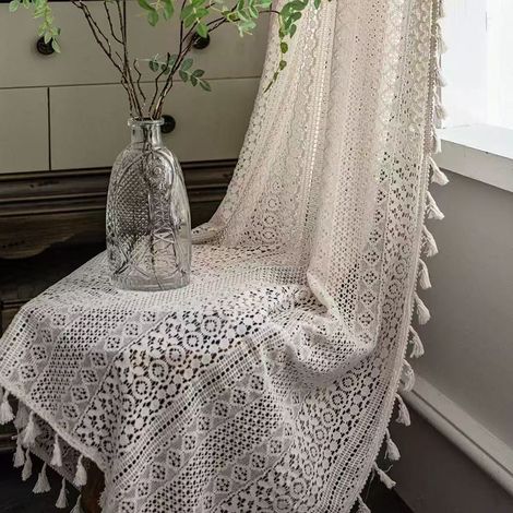 Voilage bohème – 150x220 cm – Dentelle crochet – Franges tombantes – Beige – Salon/chambre – 1 panneau (1/5)