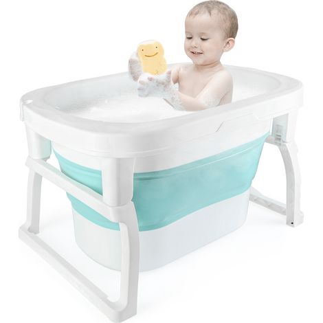 Baignoire Pliable avec Tabouret, Mobile Portable Plastique Garder au Chaud Baignoire pour les Tout-petits et les Enfants, Adultes, les Animaux de Compagnie, Bleu