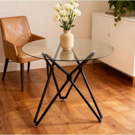 Mesa de Comedor Redonda Moderna para Espacios Pequeños con Tablero de Vidrio y Patas Regulables de Metal, 90 x 90 x 78 cm (1/5)
