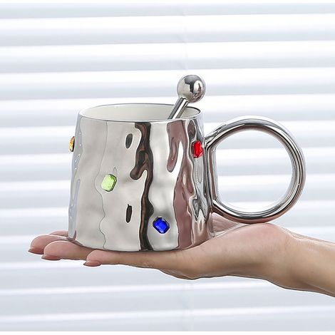 Mug en céramique décorée de pierres colorées, tasse à thé simple et élégante avec anse ronde, idéale pour la maison ou les voyages, couleur argent. (1/5)