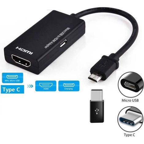Adaptateur HDMI Mâle à Femelle Type C et Micro USB pour Téléphone et Tablette - Noir (1/4)