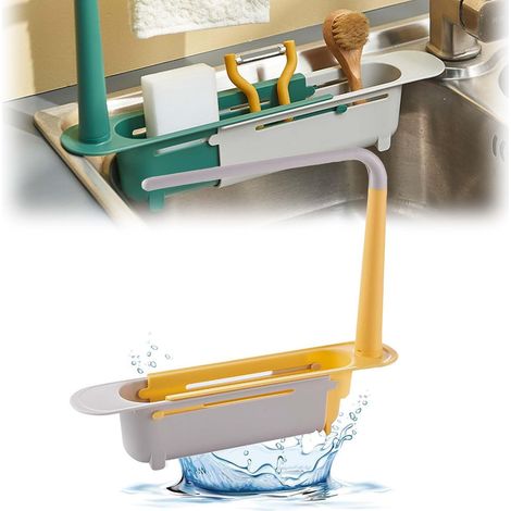 Adjustable Kitchen Sink Organizer, Hollow Bottom Sponge Holder, Sponge Rack for Stove Cloths and Sponges (Yellow) (1/5)