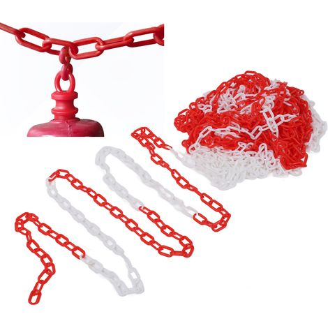 Chaîne de signalisation routière en plastique de 6 mm, chaîne d'avertissement, chaîne de sécurité, chaîne pour cônes de signalisation, chaîne de 25 m, glissière de sécurité, rouge et blanche. (1/5)