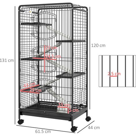 Cage à roulettes pour petits animaux, avec 5 rampes, 5 plateformes, gamelle et bouteille d'eau, 61,5 x 44 x 131 cm, noire. (1/5)