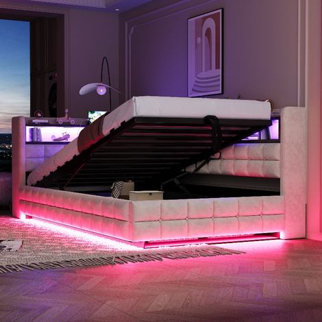 Multifunktionales Polsterbett 90x200 cm Schlafsofa mit hydraulischem Stauraum, integriertem Regal, LED-Beleuchtung und USB-Steckdose, Samtstoff Beige (1/5)