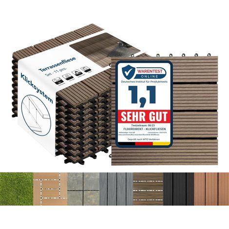 Floordirekt – Dalles de terrasse WPC marron foncé 30x30 cm – Lot de 11 pièces – Système de clic – Résistantes aux intempéries – Fonction de drainage