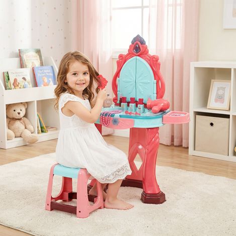 Table de toilette pour petites filles avec tabouret, miroir, lumières et accessoires, en PP et GPPS, 57x34x76 cm, multicolore (1/5)