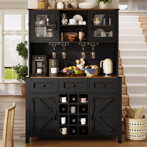 Meuble haut de cuisine avec ports USB et prises, meuble latéral avec 4 portes et 3 tiroirs, enfilade avec ruban LED, meuble de rangement 120 x 40 x 170 cm, Noir