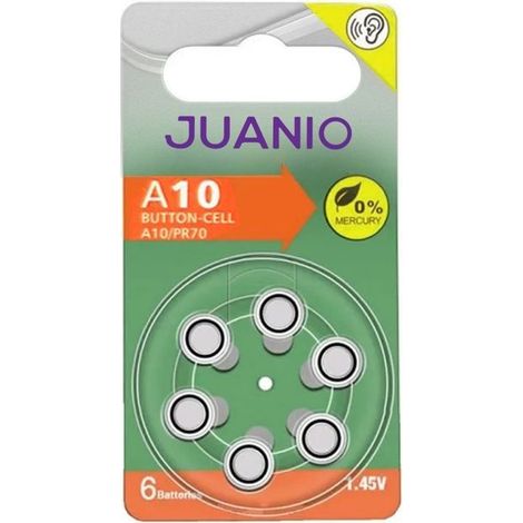 Lot de 6 Piles bouton Zinc Air Type A10/10 1,45V compatibles PR70 pour appareils auditifs - Juanio - (1/2)