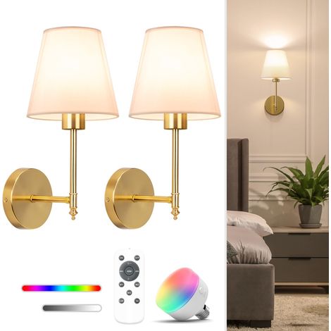 Confezione da 2 applique da parete a batteria da 14,5 pollici, luci da parete ricaricabili dorate con lampadine dimmerabili da 5200 mAh e telecomando, luci da parete wireless a 9 colori per camera da 
