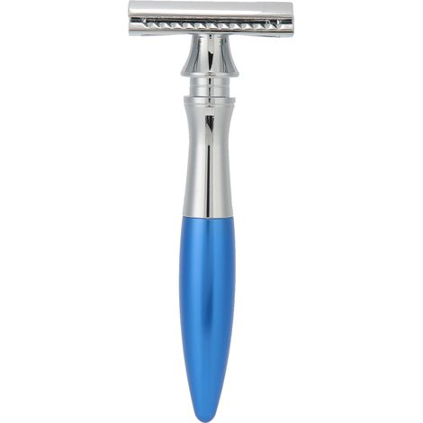 Rasoir de sûreté rétro double lame acier inoxydable bleu pour homme, rasage manuel (1/5)
