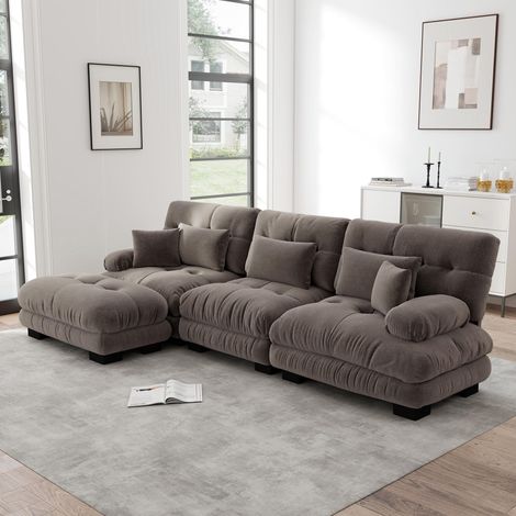 Canapé d'angle modulable luxueux - Canapé nuage surdimensionné en forme de L pour salon, canapé-lit profond avec pouf, chenille marron