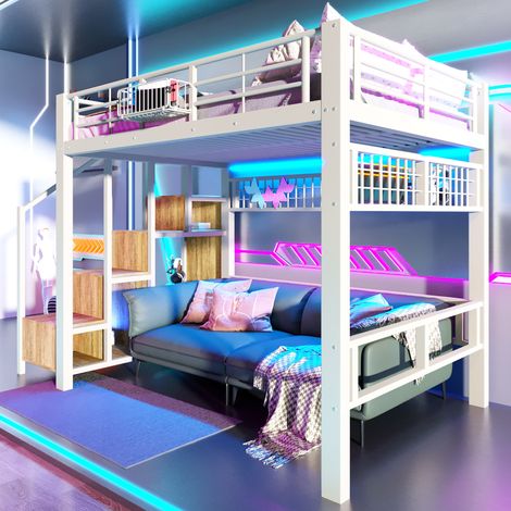 Lit mezzanine 140x200 cm avec LED, échelle de rangement, grille de suspension, structure métallique, blanc