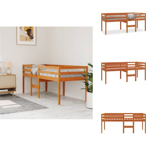 Lit haut sans matelas cire marron 90x200 cm bois massif - Lit Mezzanine - Lit Superposé - Lit Enfant - Lit Bois Massif - Lit Brun (1/5)