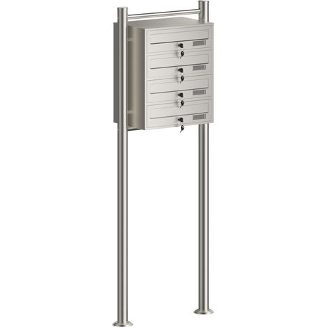 Wiltec 4er Briefkastenanlage Edelstahl 556 x 270 x 1500 mm, Standbriefkasten mit 4 Fächern, Schlüssel und Namensschild, Briefkasten Postkasten mit Ständer