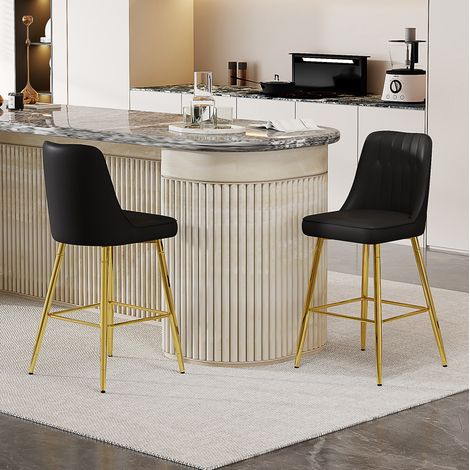 2er-Set Barhocker aus schwarzem PU und goldfarbenem Metall, mit bequemem Rücken und Fußstütze, H 100 cm,42×45×100cm (1/5)