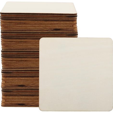 Lot de 50 Tranches Planche Bois Brut de Carrées, Pièces de Bois Rectangulaires, Épaisseur : 2,5 mm, Pour travaux manuels, découpes, laser, 10 x 10 cm (1/5)