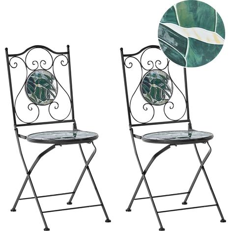 Conjunto de 2 sillas de exterior de metal de estilo vintage motivo mosaico plegable estructura de hierro negro verde Cozzana (1/5)