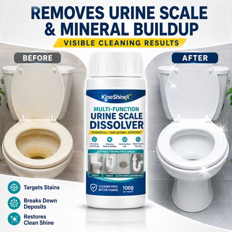 KineShineX Multifunktionales Urin-Kalklöserpulver – Starkes Reinigungspulver für Toiletten, Urinale, Bodenabläufe und Rohre – Wirksam zur Auflösung von Urinkalk und zur Entkalkung (1/4)