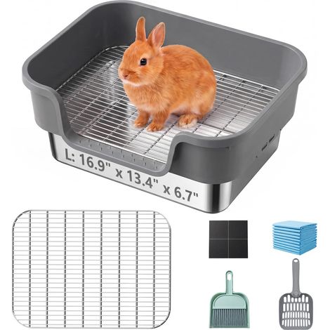 Litière pour lapin en acier inoxydable, grande litière à tamis pour lapin avec grille métallique et bord surélevé, toilette pour petits animaux (cobaye adulte)