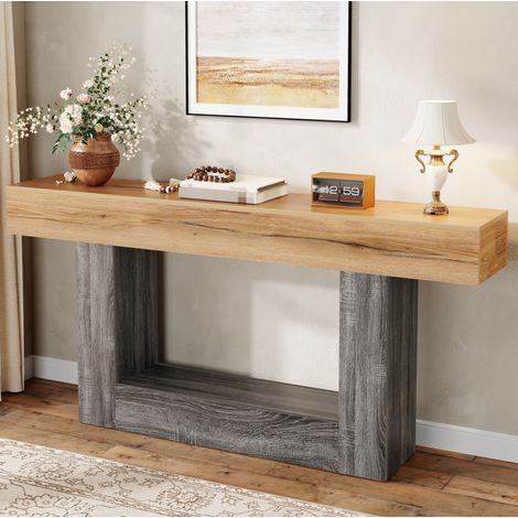 Consola 160x30x82.5 cm natural en tablero de partículas con estante inferior (1/5)