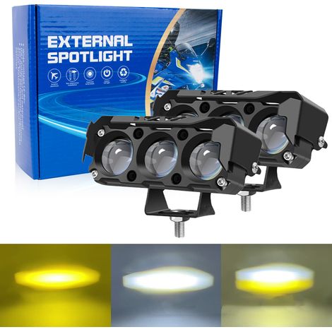 Lot de 2 phares longue portée LED pour moto, feux de brouillard bicolores blanc/ambre, feux de travail LED 35 W à faisceau de croisement pour camions, quads, SSV, SUV et véhicules tout-terrain. (1/5)