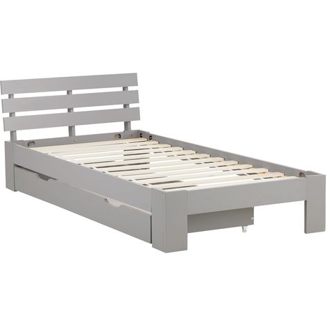 Lit simple 1 personnes avec sommier à lattes en bois gris avec tiroirs de rangement 90x 200 cm LIT06237
