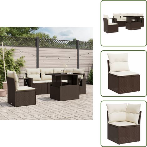 6-tlg. Garten-Sofagarnitur mit Kissen Braun Poly Rattan - Gartenmöbel Set - Esszimmergarnitur - Lounge Möbel - Outdoor Möbel - Rattan Gartenmöbel (1/5)