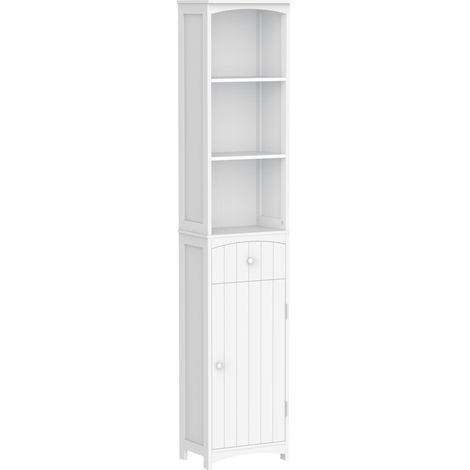 Mobiletto da bagno alto e stretto Irovami con 1 cassetto e 3 ripiani a giorno, stile moderno, per soggiorno, bagno o cucina, 34 x 24 x 170 cm, bianco