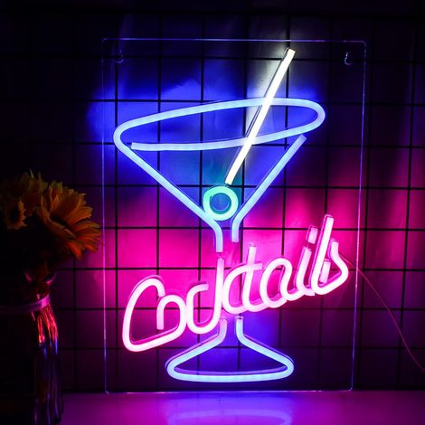 Enseigne lumineuse néon rose et bleue à LED en forme de verre à cocktail, alimentée par USB, pour décoration murale. (1/5)